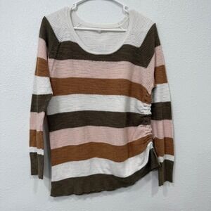 Maurices Womens Striped Waffle Knit Sweater Earth Tone Scoop Neck Green Pink M